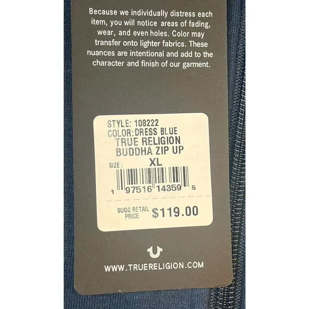 NWT True Religion Buddha Hoodie Full Zip Navy Men’s XL‎